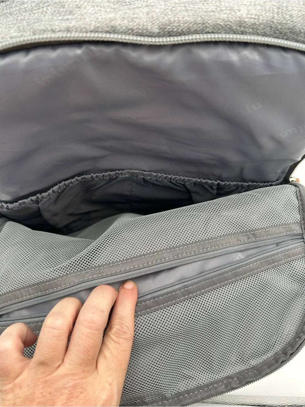 Gray Quilted Baby Bag Backpack with Brown Trim